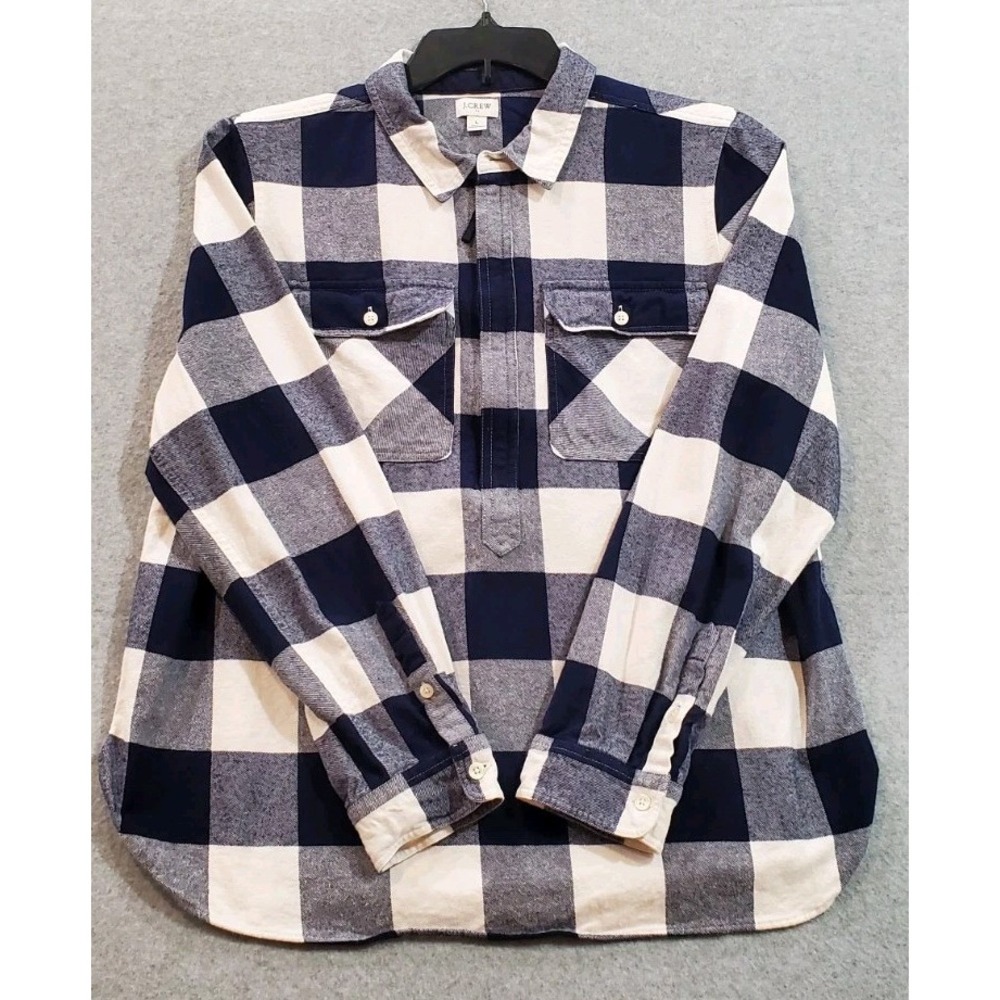 J Crew Flannel Shirt Men's Large Plaid 100% Cotton 1/4 Zip Pockets Navy/White